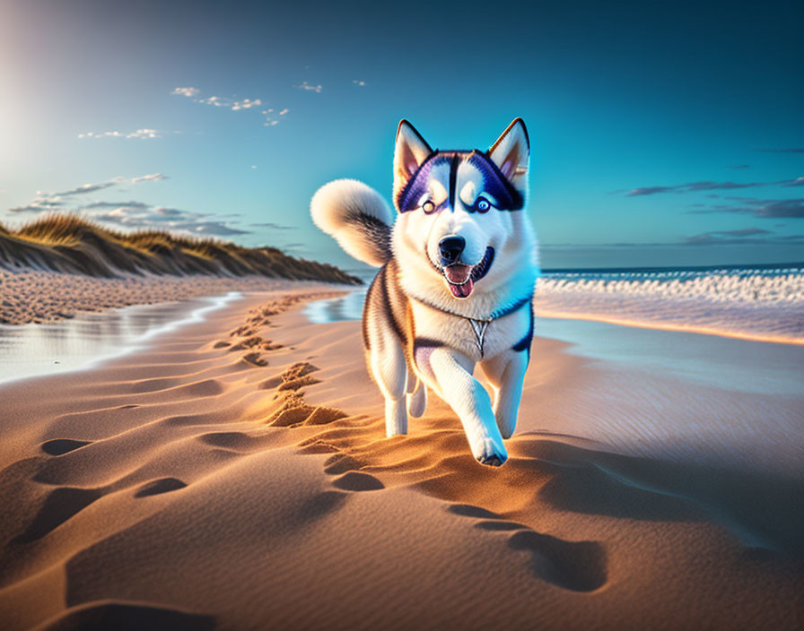 Siberian Husky Running on Sandy Beach Under Clear Blue Skies