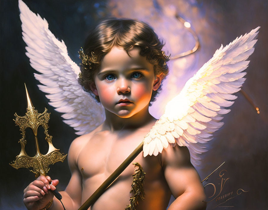 Cherubic child with white wings and golden scale in mystical setting