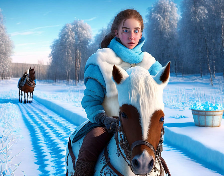 Girl in blue scarf and white coat riding white horse in snowy landscape