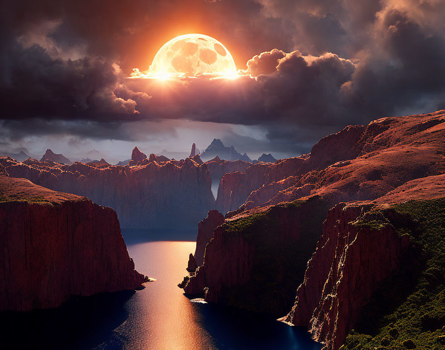 Dramatic landscape: Bright moon over red cliffs and river