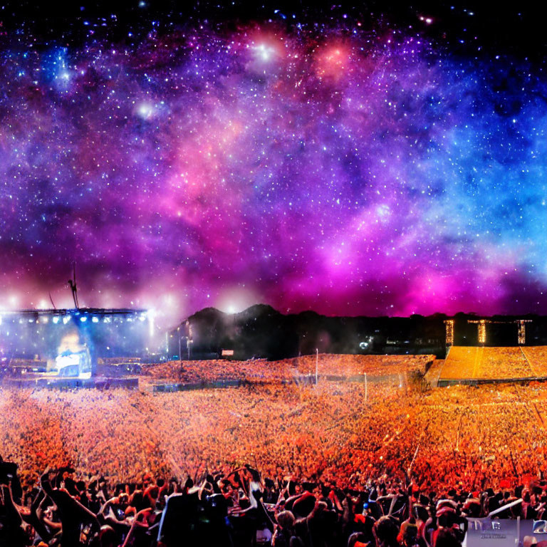 Crowded concert scene under colorful cosmic sky