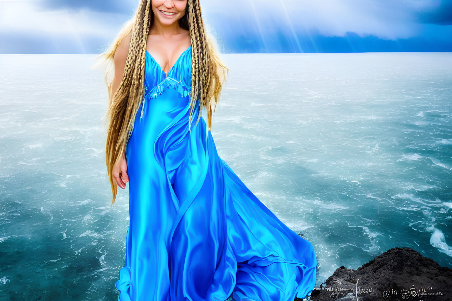 Woman in Blue Dress by the Sea Under Stormy Sky