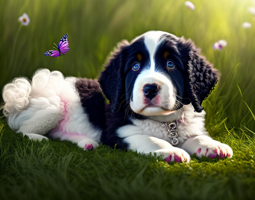 Fluffy Bernese Mountain Dog Puppy on Green Grass with Purple Butterfly