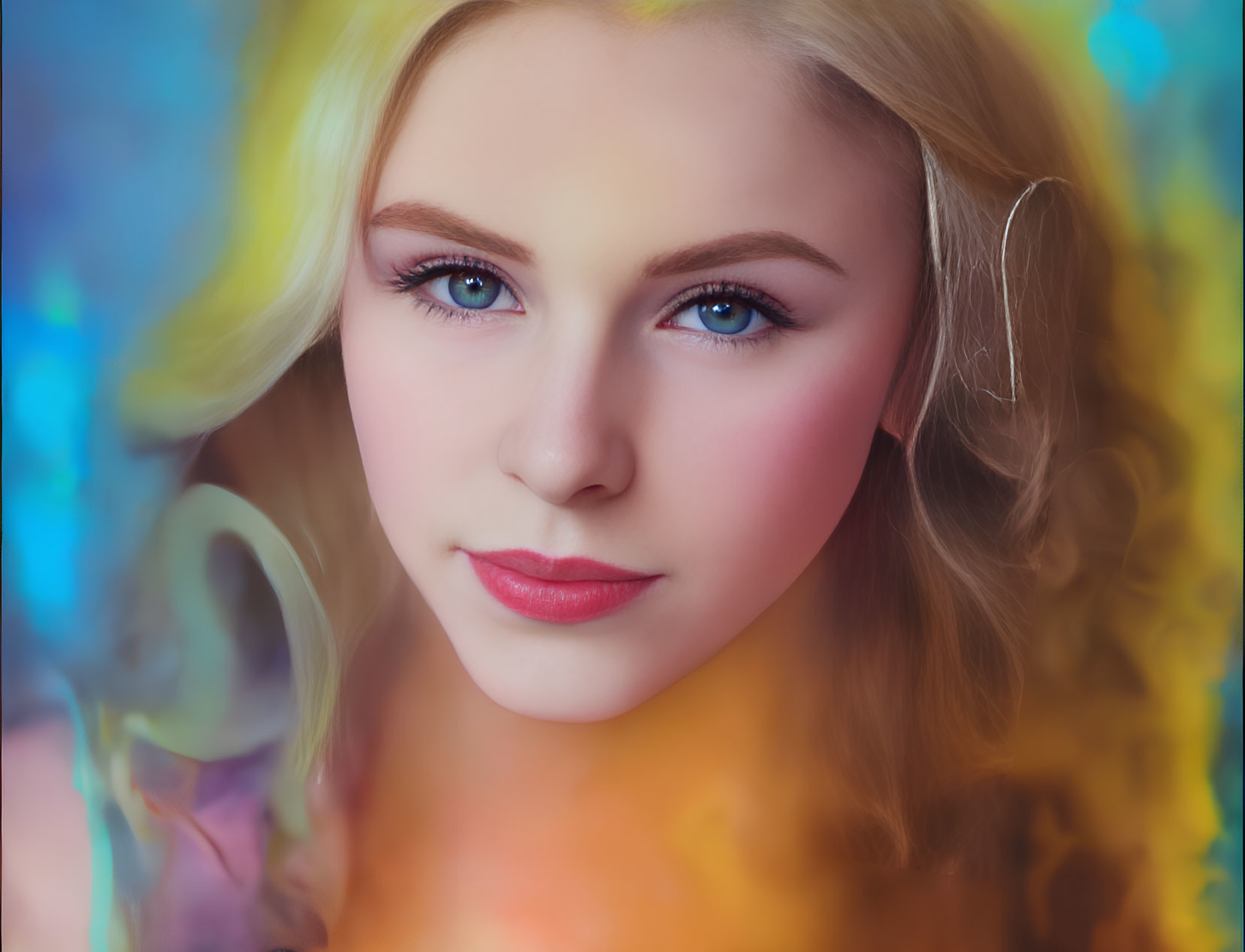 Blond-Haired Woman with Blue Eyes in Colorful Portrait