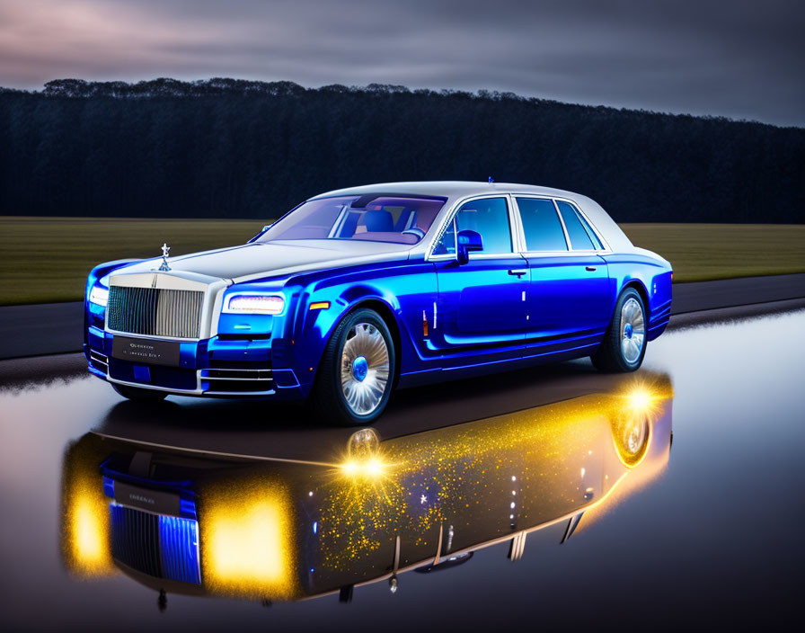 Luxury Rolls-Royce Sedan with Blue Illuminated Grille on Glossy Surface at D