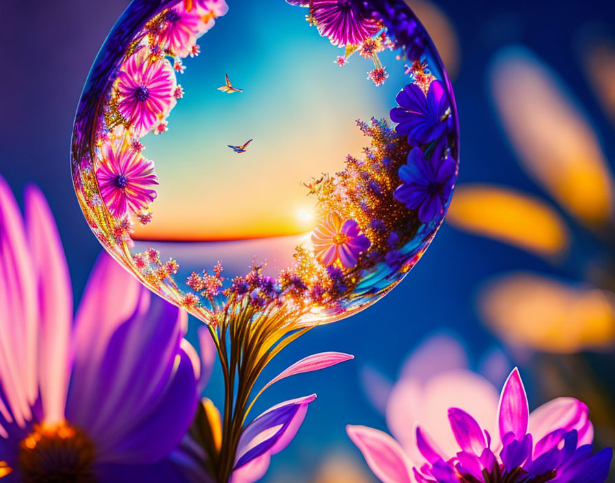 Colorful sunset bubble with bird silhouette and purple flowers on blue background