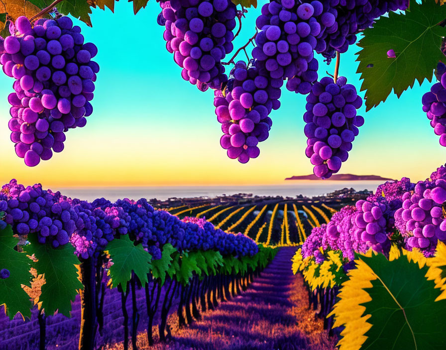 Scenic Vineyard Sunset with Grapevines and Purple Grapes