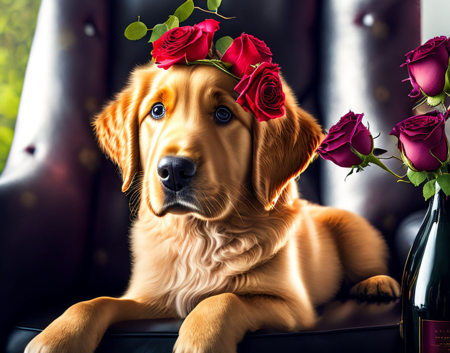 Adorable Golden Retriever Puppy with Red Roses, Wine Bottle, and Leather Background