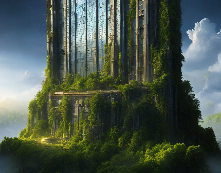 Skyscraper integrated with lush greenery in misty forest