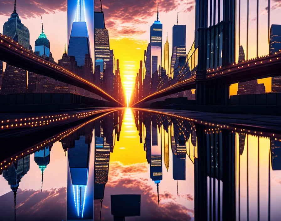 Symmetrical cityscape sunset with skyscrapers reflected on glossy surface