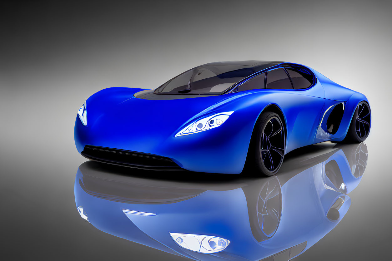 Blue concept sports car with futuristic design and smooth curves displayed on reflective surface