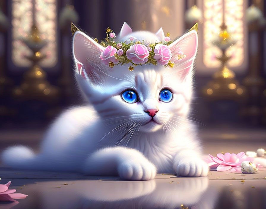 White Kitten with Blue Eyes in Flowery Crown on Reflective Surface