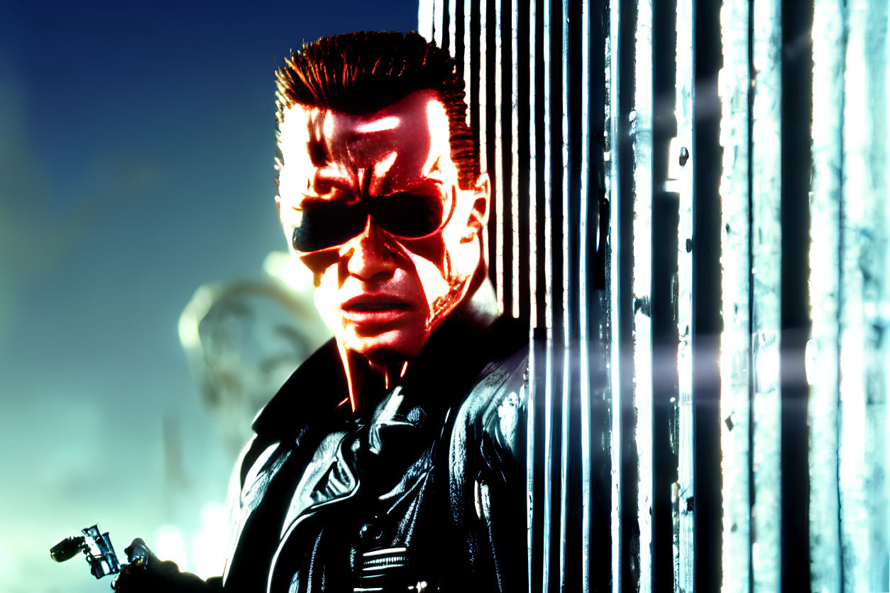 Cybernetic character with sunglasses, leather jacket, gun, and metal barrier.