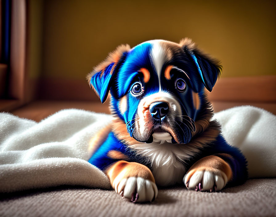 Adorable brown and black puppy with blue eyes on white blanket