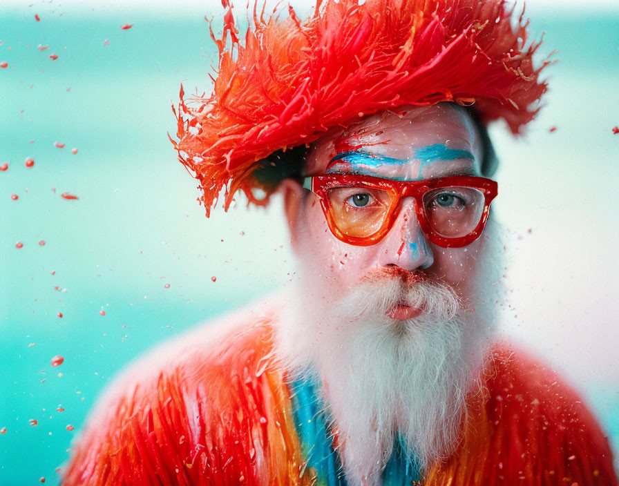 Colorful man with red mohawk and white beard on blue background