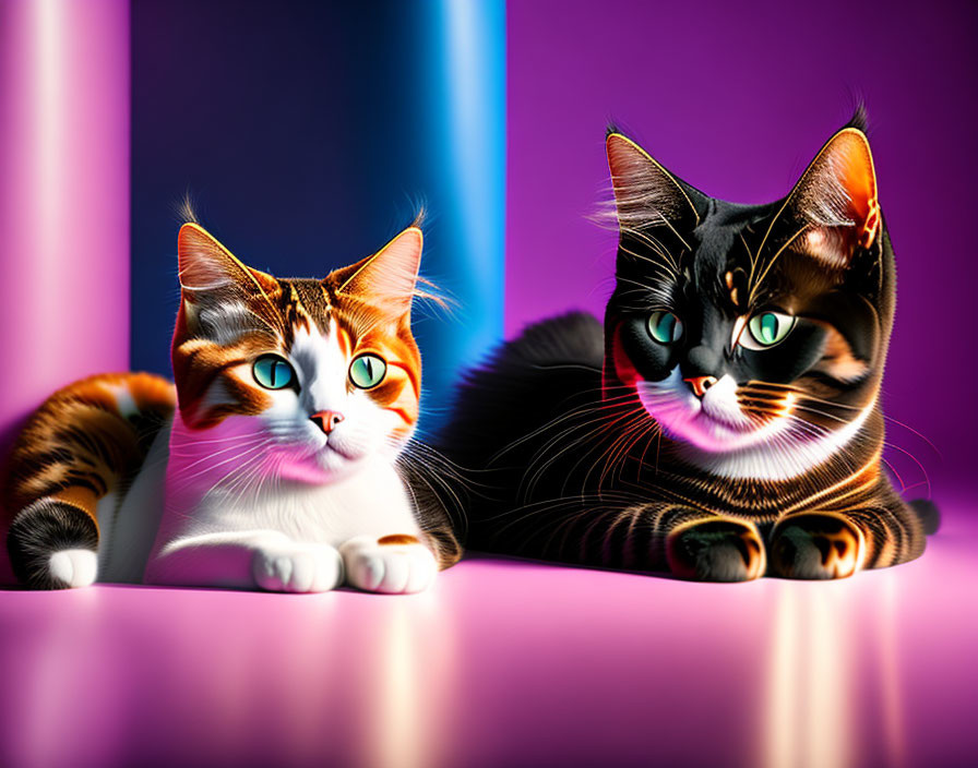 Realistic cats in vibrant colors on pink and purple backdrop