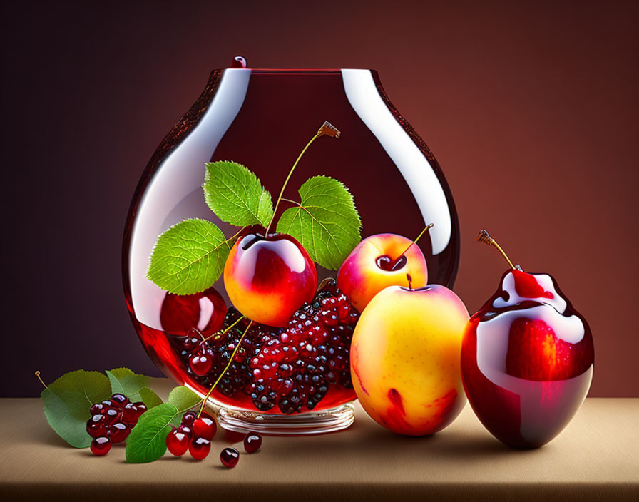 Realistic fruit-filled glass vase on warm backdrop