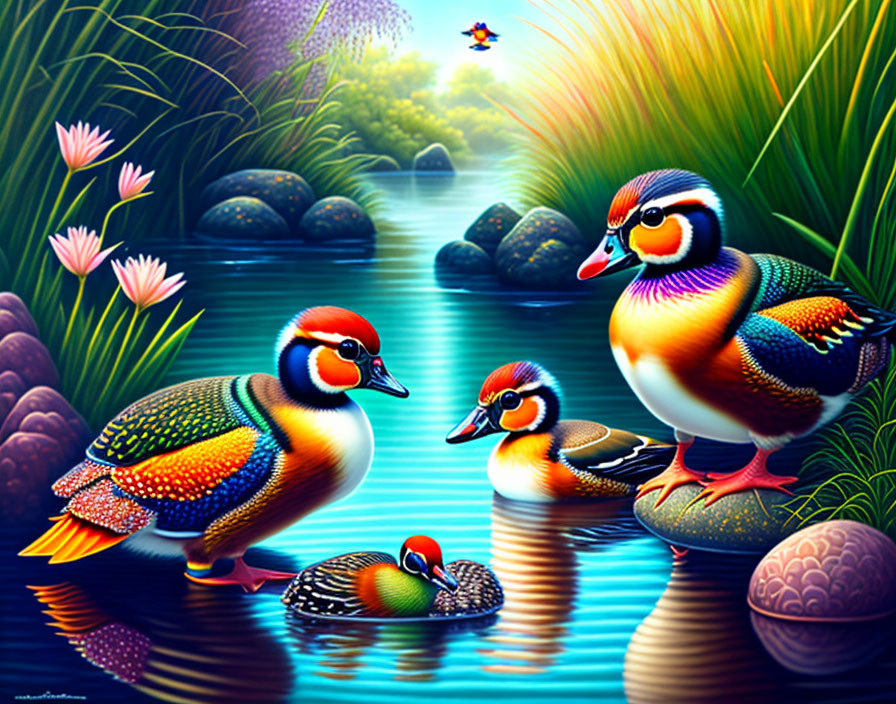 Vibrant digital artwork: Three mandarin ducks in colorful nature scene