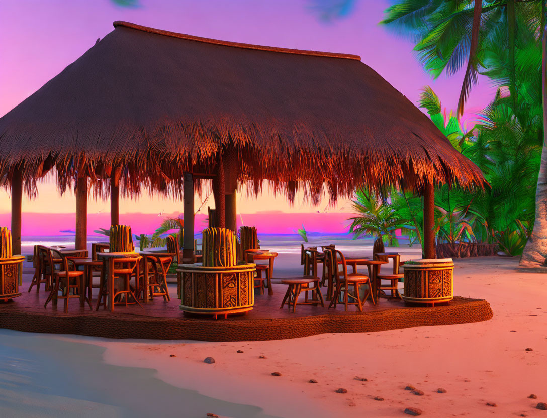 Sunset view of thatched-roof beach bar with wooden furniture and palm trees by the ocean