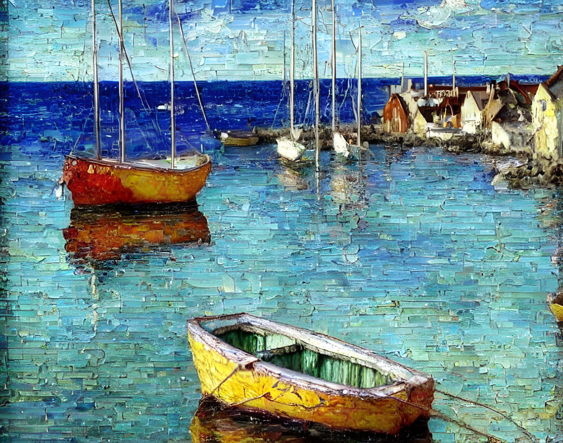 Impressionist painting of yellow boats on blue water with buildings and cloudy sky