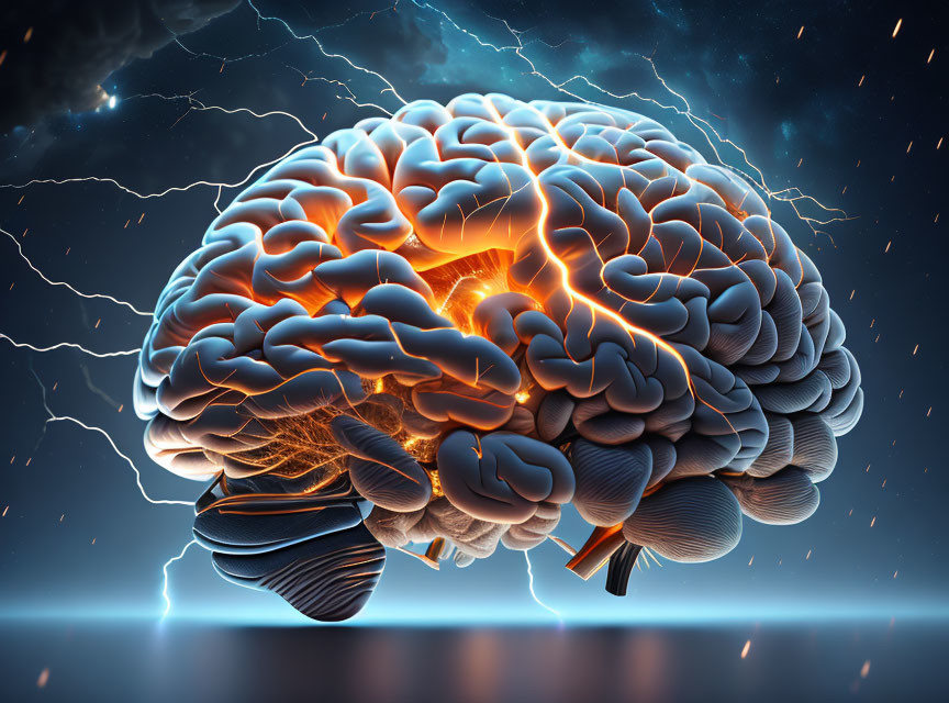 Glowing human brain digital illustration with lightning bolts on dark background