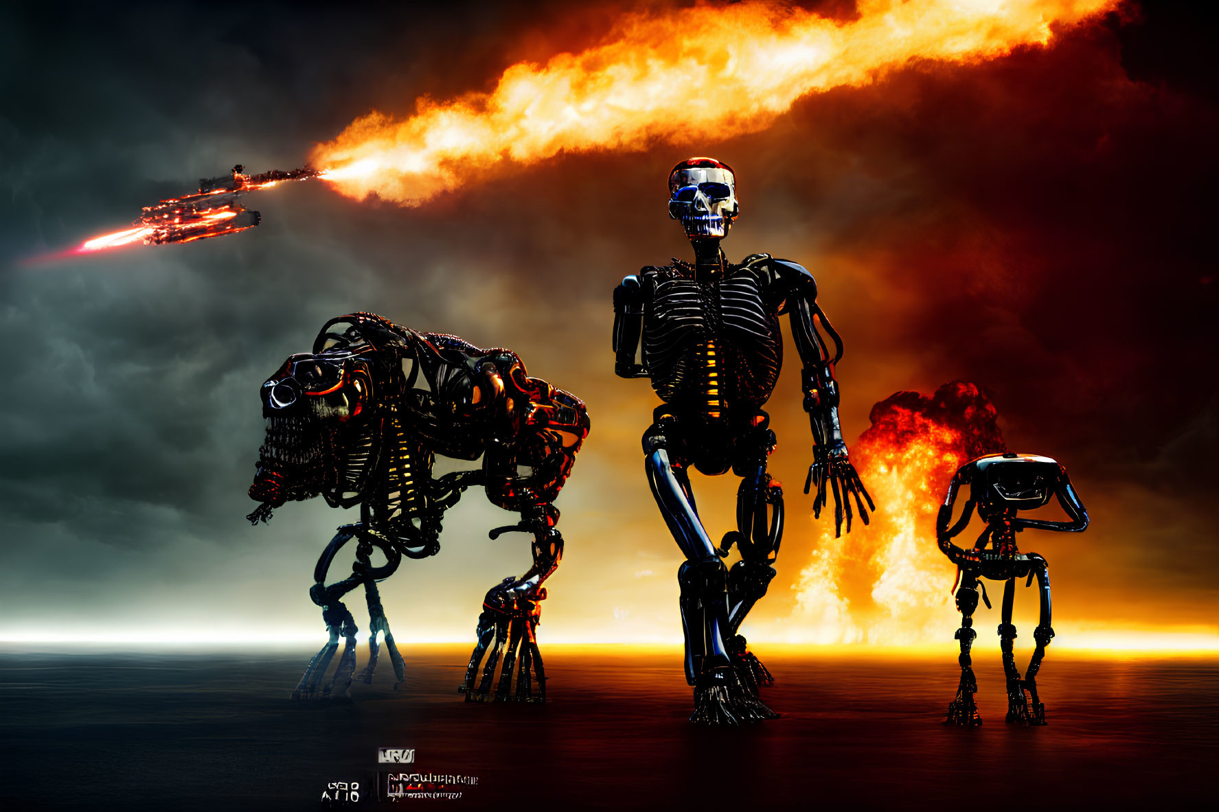 Sci-fi robotic skeletons in fiery sky with laser-firing flying vehicle