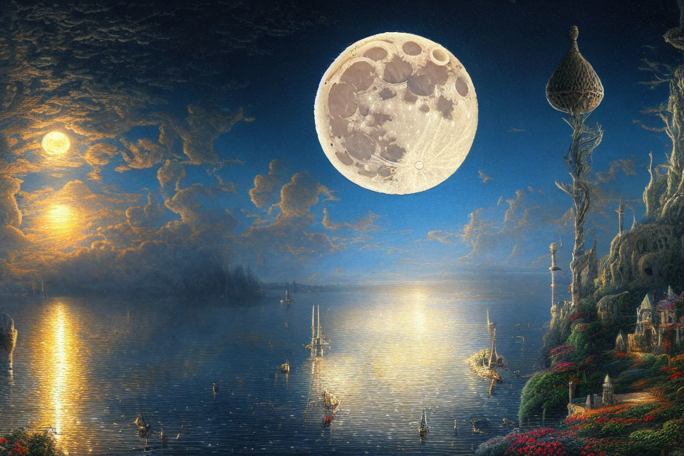 Fantasy Landscape with Oversized Moon, Sun, Water Reflections, Whimsical Architecture, Star