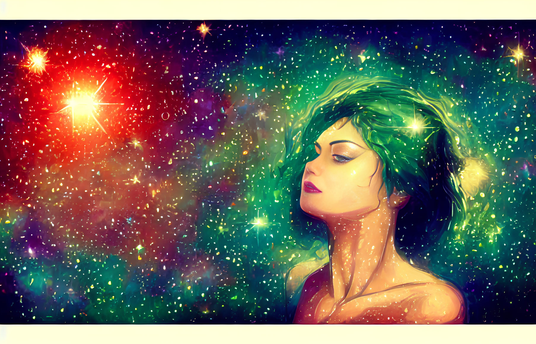 Vibrant digital portrait of woman with green hair in cosmic background.