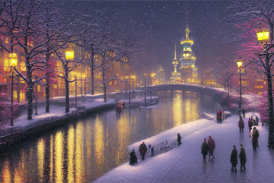 Snow-covered cityscape with warm-lit buildings, canal, pedestrians, and towering spire under purple