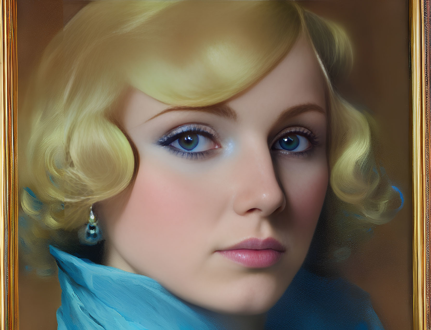 Blonde Curls Woman Portrait in Blue Attire