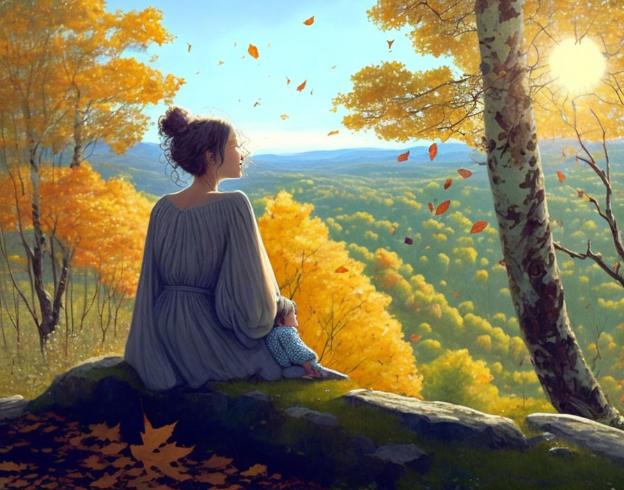 Woman sitting on rock, gazing at autumn forest with falling leaves