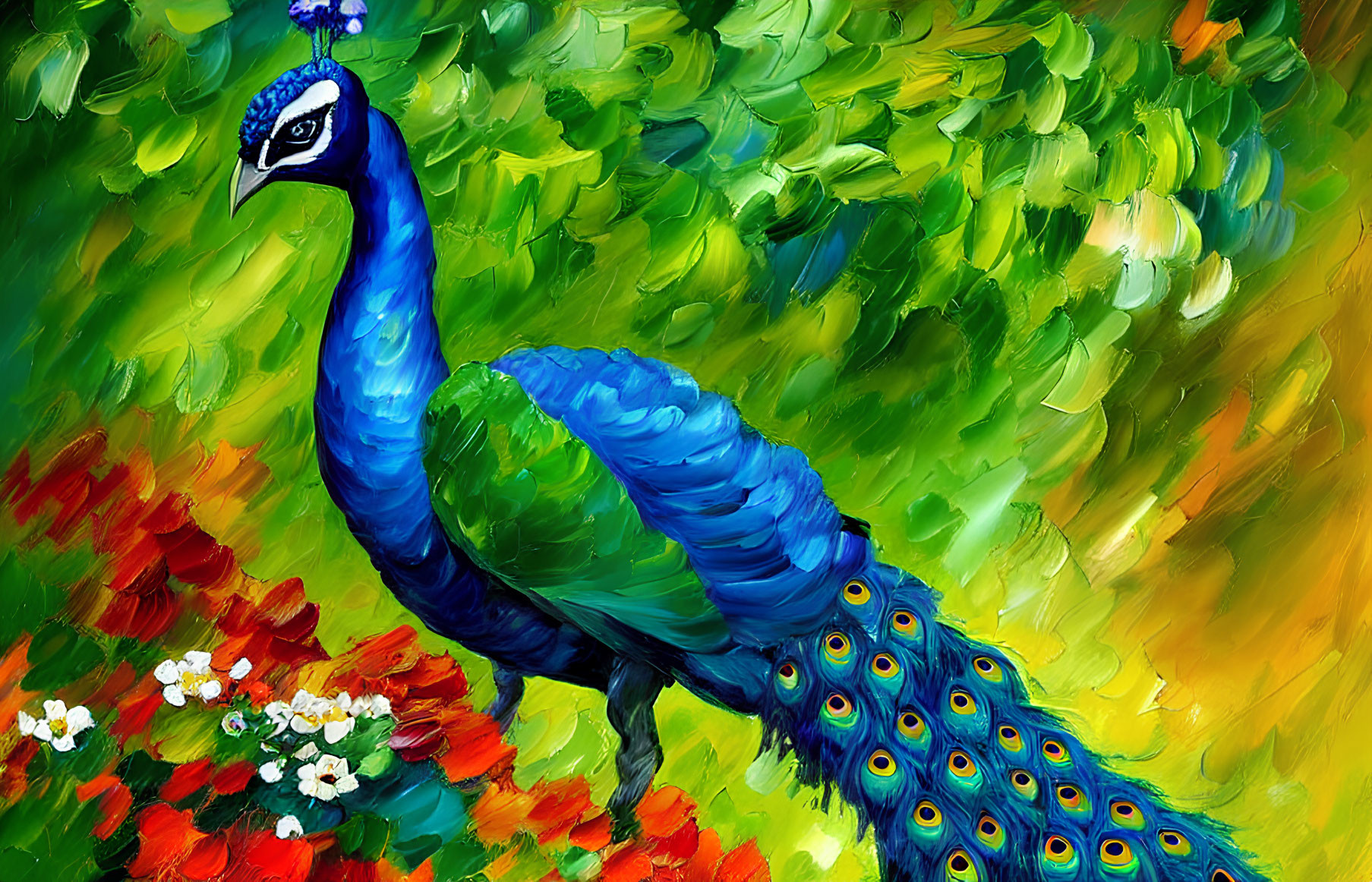 Colorful peacock painting with vibrant blue body and detailed feathers on impressionistic green and red background