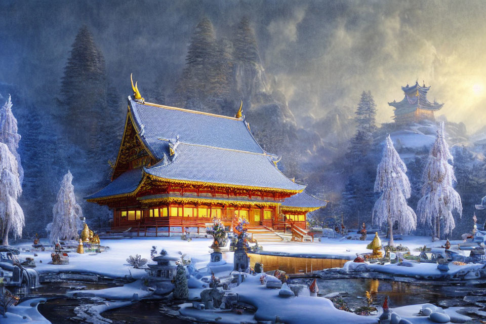 Traditional building with golden accents in snowy landscape.