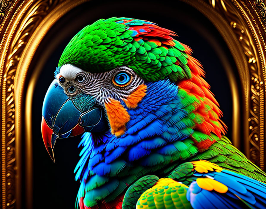 Close-up of multicolored parrot in golden ornate frame showcasing vibrant feathers.