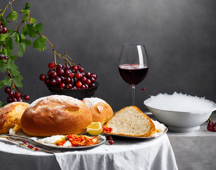 Traditional still life with bread, grapes, wine, lemons, crab, and pomegranate