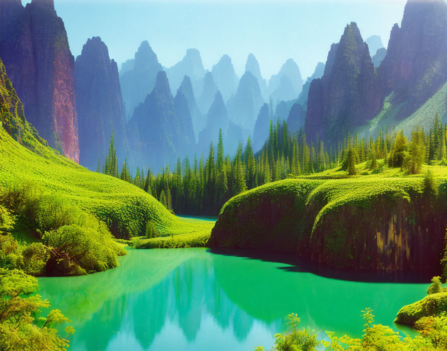 Misty Karst Mountains Frame Turquoise Lake