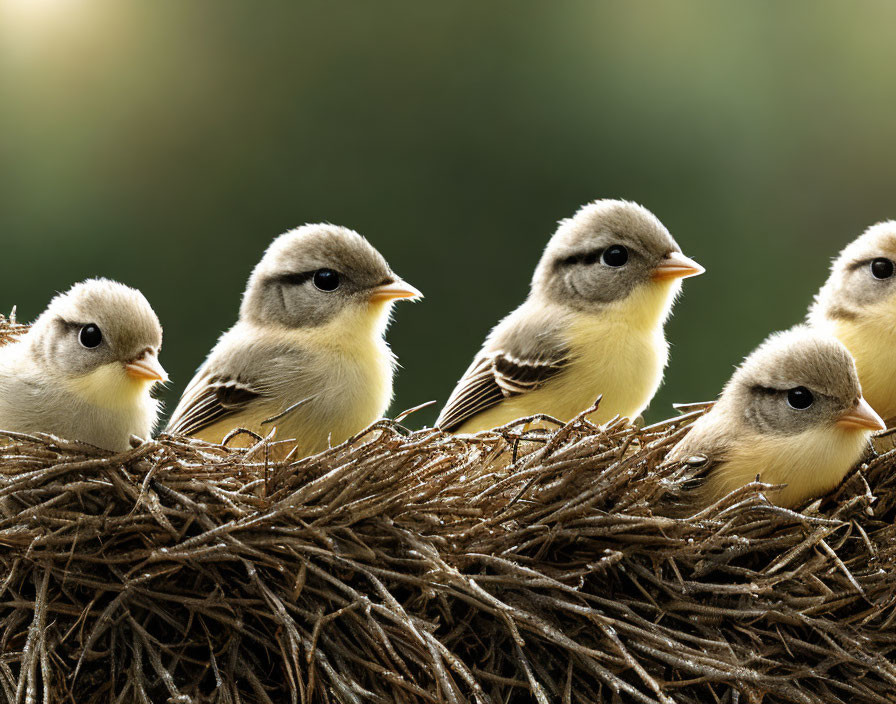 Five young birds perched on a nest against green backdrop