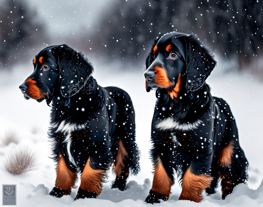 Black and Tan Gordon Setters in Snowfall