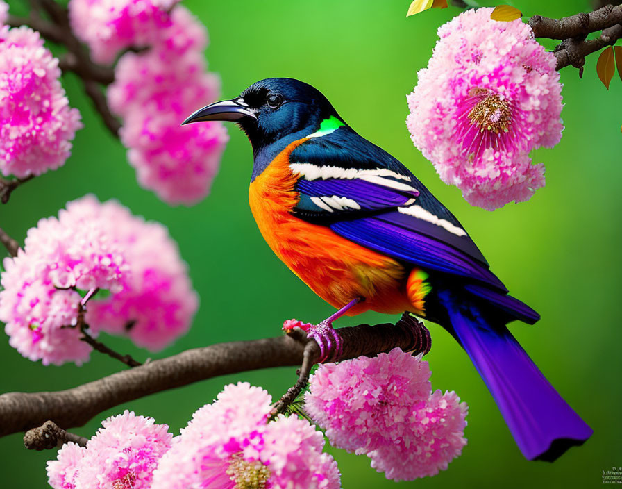 Colorful Bird Perched on Branch with Pink Blossoms