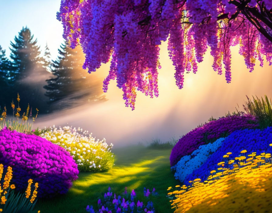 Lush Garden Scene: Purple Wisteria, Multicolored Flowers, Sun Rays, Trees