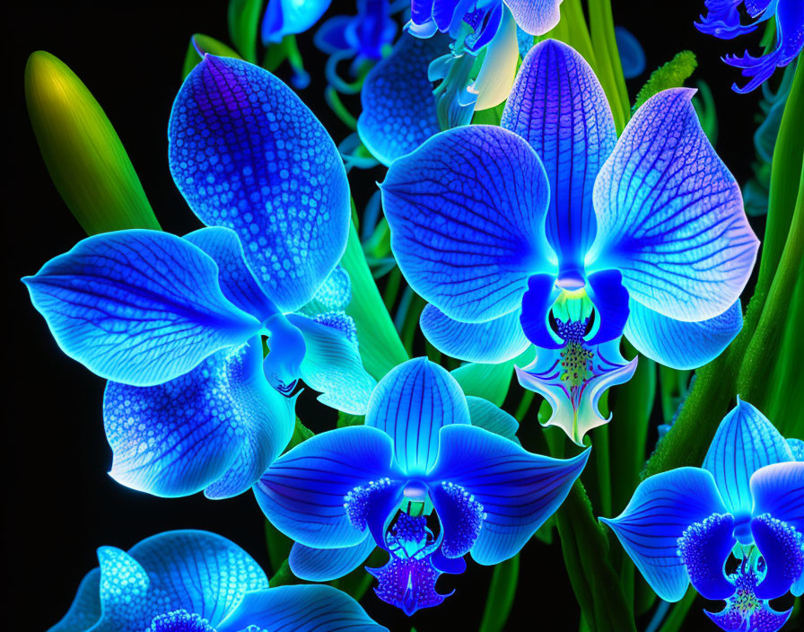 Bright blue luminescent orchids on dark background with intricate petal patterns