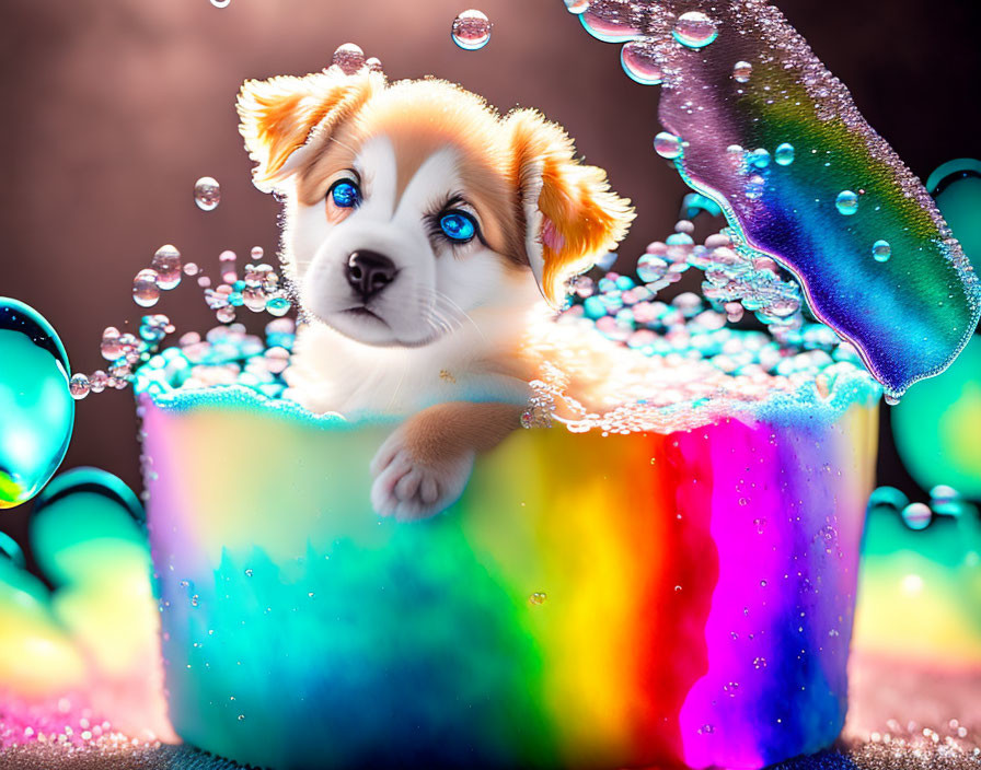 Whimsical puppy with blue eyes in rainbow cup among bubbles