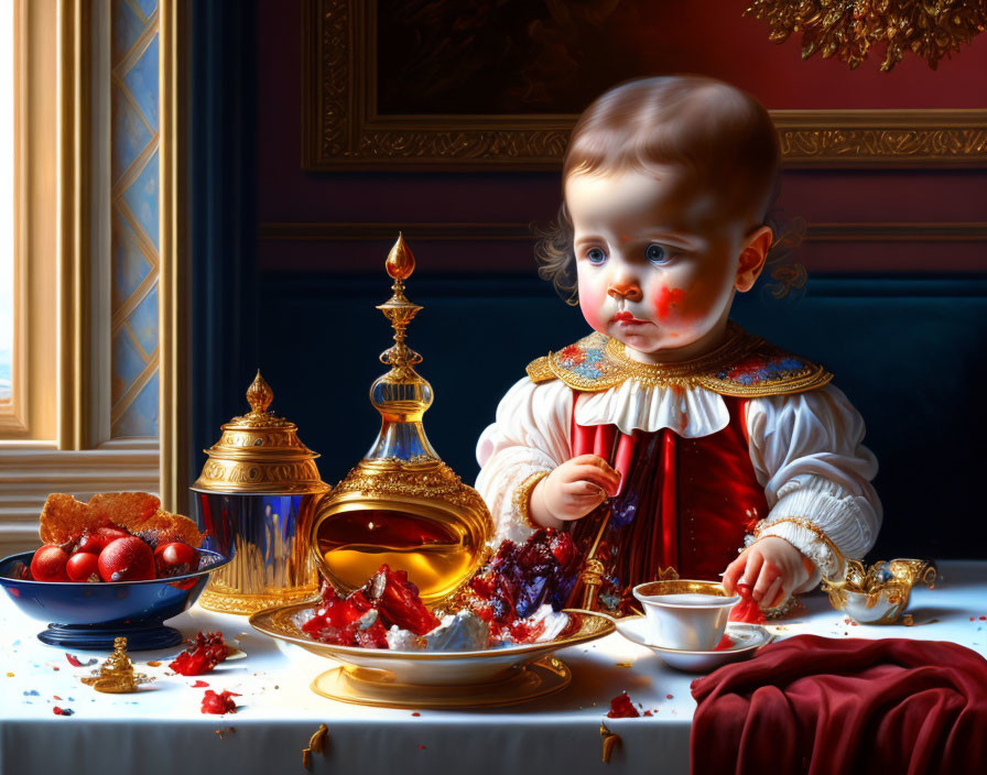 Opulent toddler surrounded by luxurious desserts and golden tableware