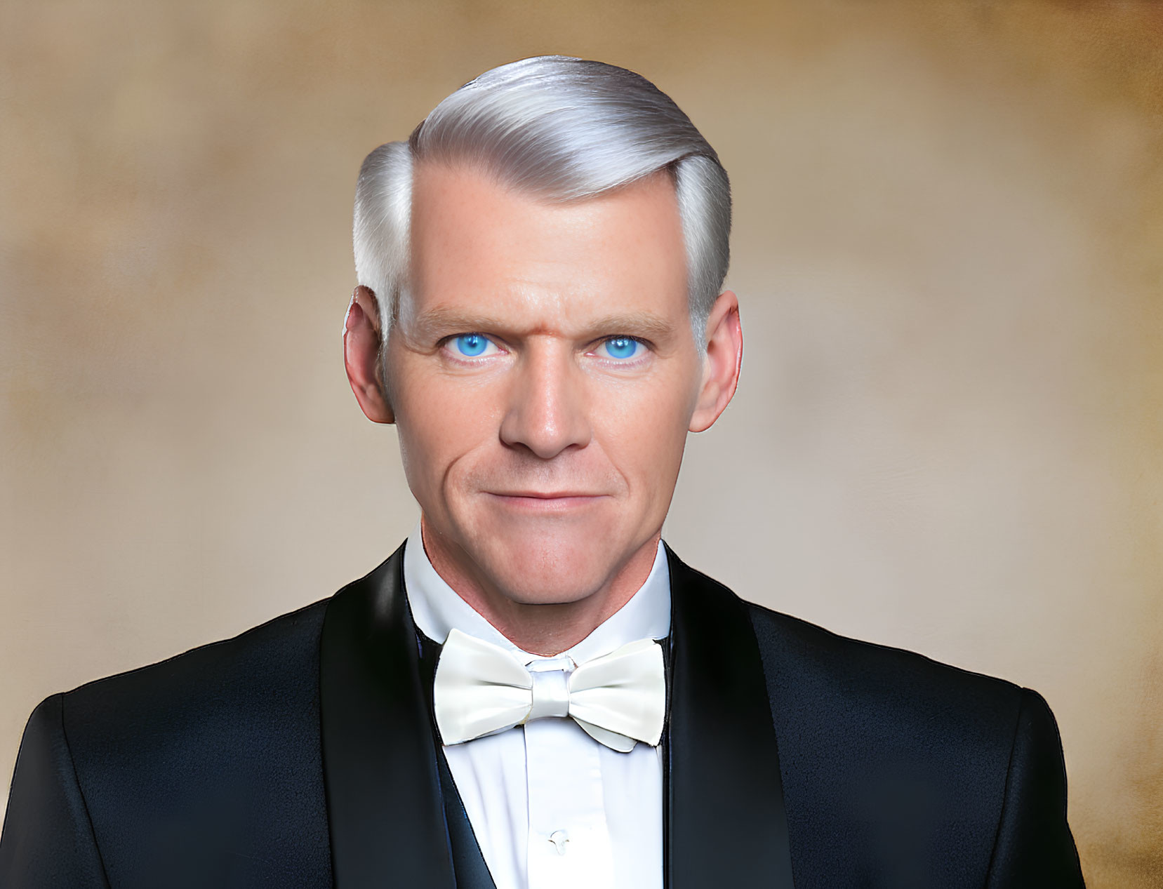 Silver-haired person in black tuxedo with blue eyes