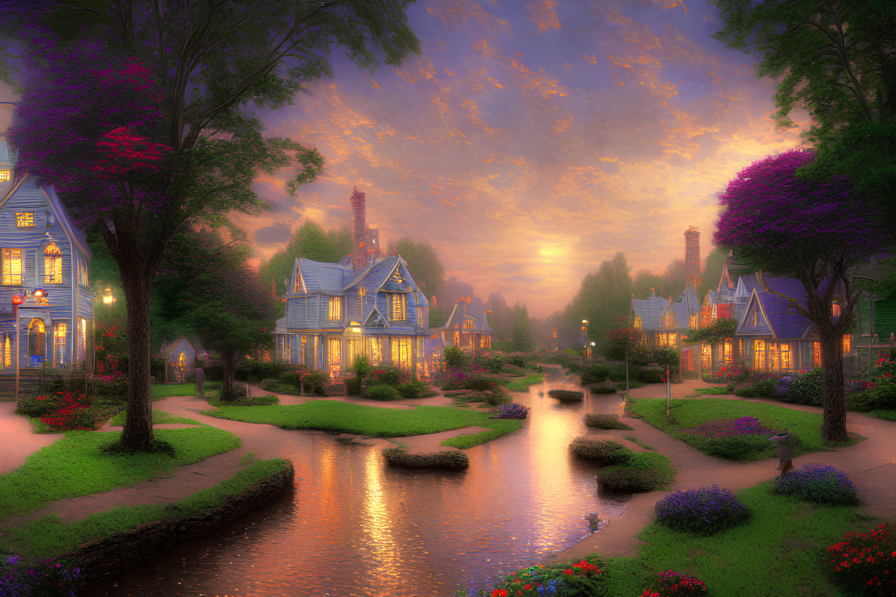 Enchanting dusk scene of a quaint village by a winding river