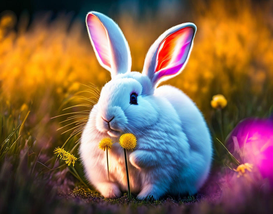 White Rabbit with Pink Ears Among Yellow Flowers in Dreamy Field