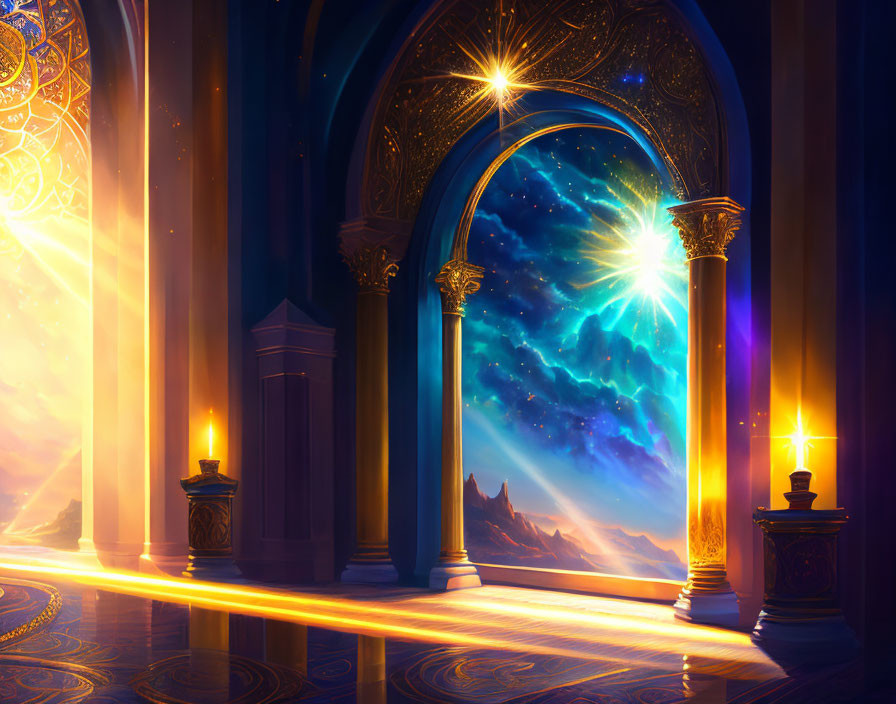 Ornate Hall with Cosmic Sky and Glowing Pillars