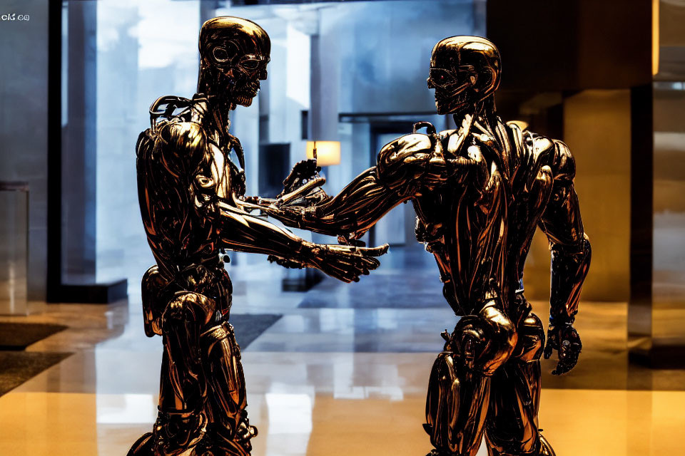 Metallic humanoid sculptures in handshake pose in warm backlit setting