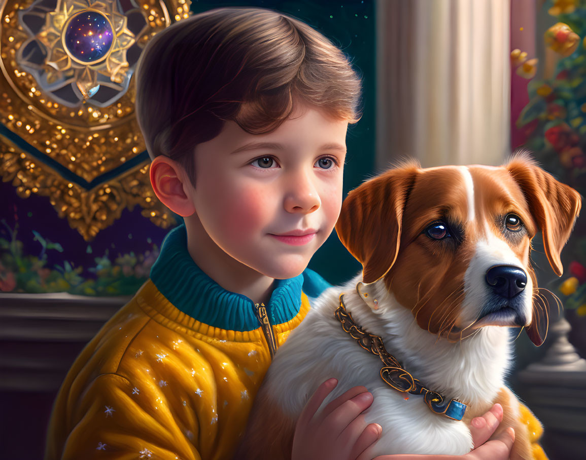 Boy in yellow sweater holds brown and white dog by stained glass window