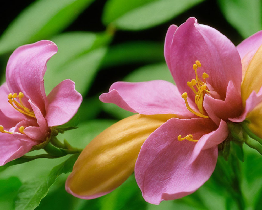 Bright Pink Flowers with Yellow Centers and Green Leaves